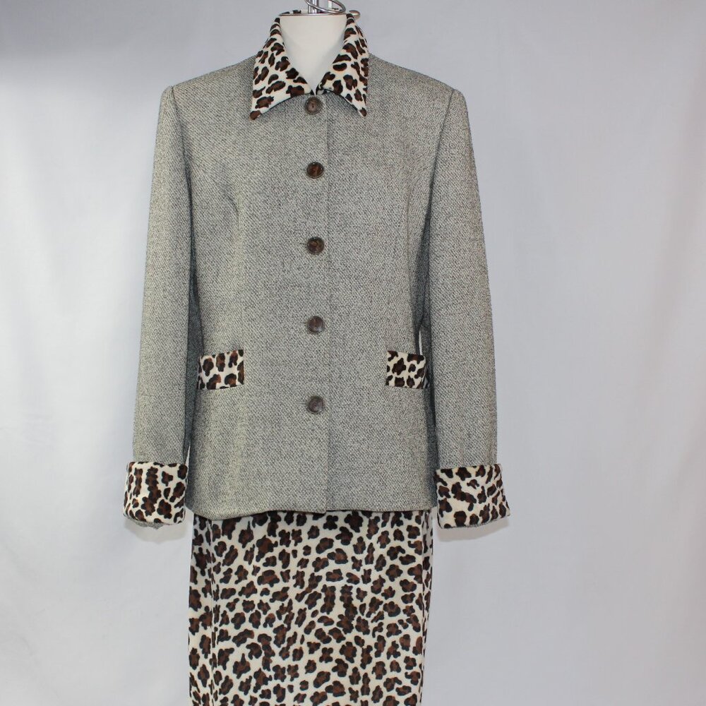 Apart Vintage Blazer & Skirt Suit‎ Tan Tweed & Leopard Print Size 10